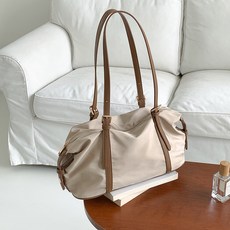 廠家直銷 韓國新款通懃尼龍拚接單肩託特包女大容量撞色百搭休閒運動健身包, 杏色, 1個