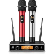 [포르르] TONOR 무선 마이크 시스템 12채널 UHF 마이크 8개의 핸드헬드 메탈 다이너믹 리시버 295피트 범위 8x12 주파수 음소거 교회 노래 노래방 리허설, 2 Mics, Silver & Red, 은색 & 빨강