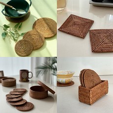 라라스테이 프리미엄 발리 라탄 티코스터 세트 컵받침 캔들받침, 4개