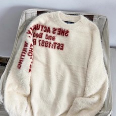 優選大碼 圓領毛衣 美式復古水貂毛字母毛衣 秋冬保暖慵懶風針織衫外套