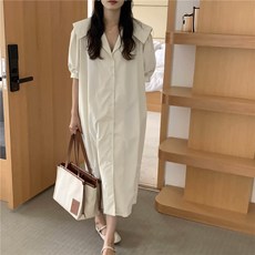 여성 데일리 세일러 카라 원피스 빅사이즈 하객룩 드레스 롱원피스 퍼프소매 루즈핏 임부복 버튼원피스 반팔원피스