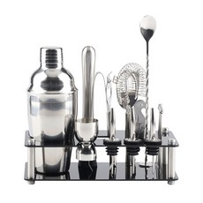 不鏽鋼調酒器18件套組附收納架，專業三段式雪克杯，輕鬆調製各式雞尾酒, 18件調酒組, 1個