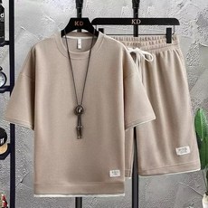 夏季男士華夫格運動休閒套裝 寬鬆半袖T恤短褲兩件套