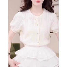 Yellwel 스위트 리본 컷아웃 니트 가디건 여름 아이스 실크 반팔 DJP