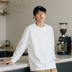 봄가을 긴팔 남성 티셔츠 라운드 네크라인 루즈한 단색 티셔츠 남성