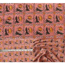 핸드 블록 프린트 브라운 100% 면 원단 야드 단품 프리컷 106.7cm(42인치) 너비 - 바느질 용품을 위한 프리미엄 실내 장식 퀼팅 용품(피치 멜바 플로럴 프린트 4.