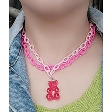 韓國 小熊軟糖 桃紅色 現貨不用等 粉 桃紅塑膠 鍊條 項鍊, 1個