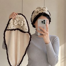 法式印花花邊珊瑚絨乾髮帽 浴帽 吸水速乾, 1個, 米白碎花