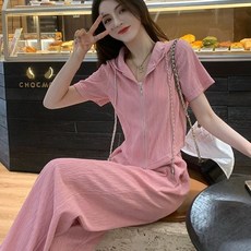 AREVI 여름 여성 트레이닝복세트 루즈핏 레저 단색 지퍼 후드 반팔 조거팬츠 투피스