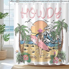 Lindameler 트로피컬 하와이안 샤워 커튼 여름 오션 비치 샤워 커튼 후크 12개 야자수 갈매기 세팅 햇빛 여름 욕실 장식 목욕 커튼 방수 원단 182.9 x 182.9