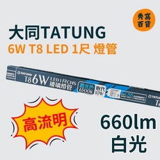 大同TATUNG 6W T8 LED 1尺 燈管 6500K 白光, 1個, 大同 T8 LED 1尺 660lm,1隻 燈管