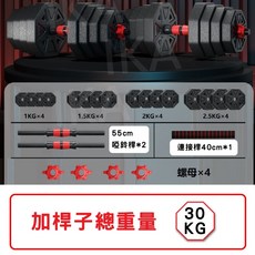 IKA 八角啞鈴 啞鈴組 健身器材 重量訓練 肌肉鍛鍊, 1個, 【30KG】8角啞鈴2合1:贈40cm桿