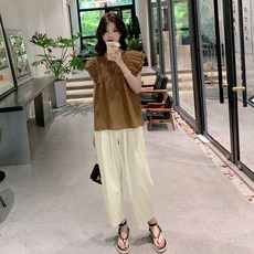 임산부 여름 세트 캐주얼 블라우스 반팔티 하이웨이스트 와이드 팬츠 상하의 투피스 기질 임부복 세트 JZZN