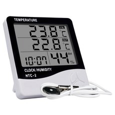 【小米粉】HTC-2 室內外電子溫濕度計 三層螢幕顯示 雙溫度 溫度計 濕度計 帶探頭 家用溫度計 時間萬年曆鬧鐘溫度, 白, 1