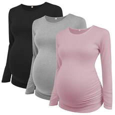 Ecavus 3팩 여성용 임산부 튜닉 상의 긴소매 돋보이는 옆면 주름 장식 셔츠 그레이/라이트 핑크/블랙 M 120719