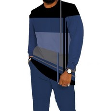 Kubsid 남성용 세트 투피스 의상 가을 캐주얼 긴소매 크루넥 티셔츠 및 바지 트랙 수트 라운지 휴가 운동복 블루 화이트. XXL120278