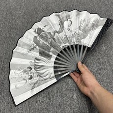 龍泉加厚龍珠金剛扇 絹布摺扇 國風工藝扇子, 1個, 龍騰鍾馗扇--黑色,紙盒裝