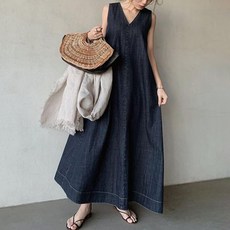 RCLET 여성 데님 롱 원피스 빅사이즈 브이넥 민소매 청원피스 데일리 고급 등판 스트랩