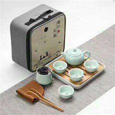 青瓷茶具旅行組 1壺4杯 花鳥杯 白瓷杯 陶瓷 青釉杯 茶具 茶杯, 1個, 青瓷, 茶壺*1、 茶葉罐*1、 茶杯*4、 茶盤*1、 竹夾*1、 布*1、 旅行包*1