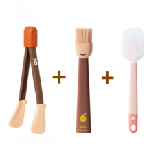 EGOmart 실리콘 주방 요리도구 3종 세트 오일 솔+집게+주걱 키친세트, 브라운, 1개