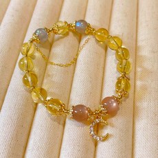 愛風格黃水晶灰月光石手鍊 天然水晶手鍊 招財開運髮晶設計款 女生人氣飾品