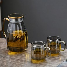 威廉 冷水壺 家用耐高溫大容量高硼玻璃涼水壺 不銹鋼高檔煮茶壺 加厚耐熱, 套裝煙灰色壺大*1煙灰色水杯*2, 1個