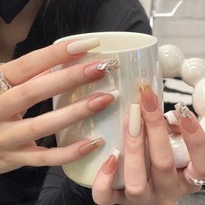 黛瑞森純手工美甲穿戴甲假指甲貼片溫柔高級奶白法式金色魔鏡閃粉, 特小號 XS, 202 紙醉金迷  長T
