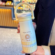 卡通兒童保溫杯 316不鏽鋼提手水壺 太陽鴨鴨 500ML, 黃色 - 太陽鴨鴨 500ML可圖案, 1個