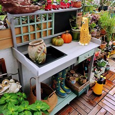 操作臺種花換盆土木制收納架置物架儲物架陽臺庭院田園風架子戶外層架 置物架 置物櫃 收納櫃, 灰綠色,1個
