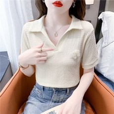 유니픽 여성 봄여름 반팔 면 카라 티셔츠 꽃 장식 패션 디자인zhb