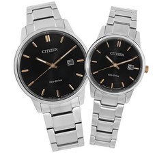 CITIZEN 光動能情侶對錶 藍寶石水晶玻璃 不鏽鋼 日期顯示 黑色錶盤 男女對錶 BM6977-70E EW2317-76E
