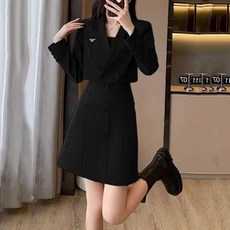 FANSYLI 여성 정장 세트 결혼식 하객룩 심플 루즈핏 정장 재킷+나시 원피스 투피스 쇼트 정장 코트 슬림 원피스 세트 오피스룩 면접룩 XR2601J26