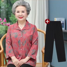 COSYEVNO 중장년 엄마 세트 가을 빅사이즈 루즈핏 패션 브이넥 나염 긴팔 상의+하의 투피스 lyjzlnmmtz-6