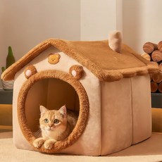 貓窩房子型冬季保暖小型犬兔子狗窩貓窩四季通用可拆洗寵物窩墊子, 棕色小熊窩 -【升級加厚保暖款】, 1個
