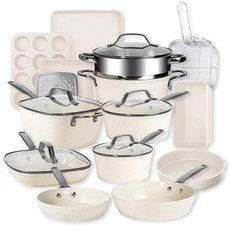 GOTHAM STEEL Hammered 20피스 세라믹 조리기구 세트 논스틱 인덕션 냄비 및 팬 세트 딥 프라이팬 스팀기 제빵기구 포함 무독성 PFOA PFOS 프리 오, Cream