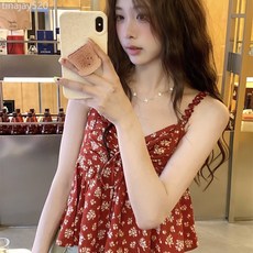 韓系溫柔風洋氣碎花吊帶背心女夏季新款復古甜辣繫帶減齡短款上衣