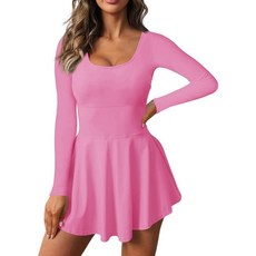 Fisoew 여성용 2-in-1 운동용 테니스 골프 드레스 긴소매 운동 아래 액티브 내장 반바지 포함 핑크