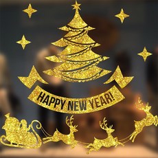 kjlife生活美學 金粉款聖誕節燙金貼紙 新款閃粉灑粉金銀可移除雪花窗貼 跨境玻璃牆貼, XD-106, 聖誕老人麋鹿聖誕樹英文字母