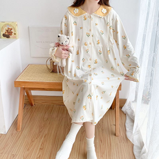 봄 가을 임산부 긴팔 잠옷 원피스 임부 플라워 프린트 파자마 드레스 편안한 얇은 홈웨어 JS