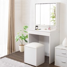 《C&B》黛薇日式時尚三面鏡化妝桌椅兩件組, 純白色