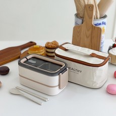 살림의발견 전자레인지 스텐 도시락통 전용가방 세트, 1개, 베이지 2단