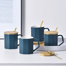 르웨이 북유럽감성 집들이 선물용 팔각머그컵 + 대나무 뚜껑 + 스푼, 네이비, 1개