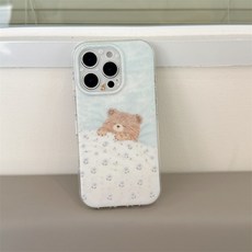春日創意藍色碎花被窩小熊適用iPhone17蘋果16ProMax/15Pro手機殼, 1件, 雙層印花IMD-藍色碎花被窩小熊 單殼:蘋果16