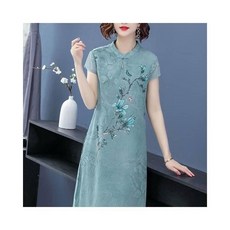 改良式旗袍洋裝新中式旗袍裙雪紡連衣裙修身大碼民族風媽媽氣質連衣裙, 藍色