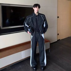 【撞色拼接】運動套裝 夾克外套 長褲 兩件套 休閒套裝 直筒褲 立領夾克 反光條設計 秋季運動 街頭潮搭