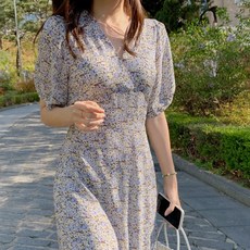 BLANCSHOP 碎花泡泡短袖V領連身長裙, 黃色 藍色