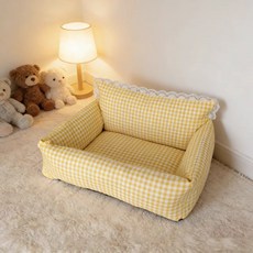 양면 냉석 펫침대 분리세탁 가능 사계절용 강아지 고양이 침대, 1개, 옐로우 스트라이프 + 쿨링 매트