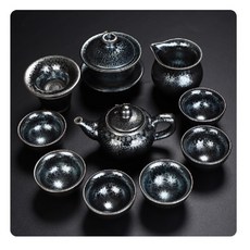 星空釉陶瓷茶具套組 功夫茶具組 附木盒包裝 11件組, 黑, 1套, 11件建窯套裝禮盒裝
