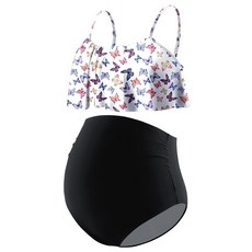 DEBELLY 임산부 비키니 세트 투피스 수영복 러플 여성용 수영복 하이 웨이스트 빈티지 임산부 수영복 블랙 화이트 꽃무늬 S, Medium, 나비