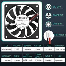 2PCS YOUNUON 80MM 5V USB 80x80x10mm 8cm 5V 12V 24V 8010 2PIN 3PIN 브러시리스 냉각 냉각기 PC CPU 컴퓨터 케이스 팬 냉각기, 검정색, RGB 없음, 24V Ball 2P-XH2.54